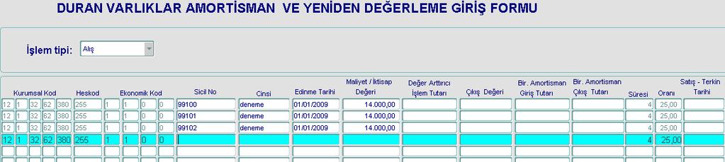 Bu forma girilip onaylanan muhasebe kayıtları, amortisman kartına yansıyacaktır. - Formda işlem tipi alanına tıklandığında Alış, Değer Arttırıcı ve Satış/Terkin, Bir. Amortisman Girişi, Bir.