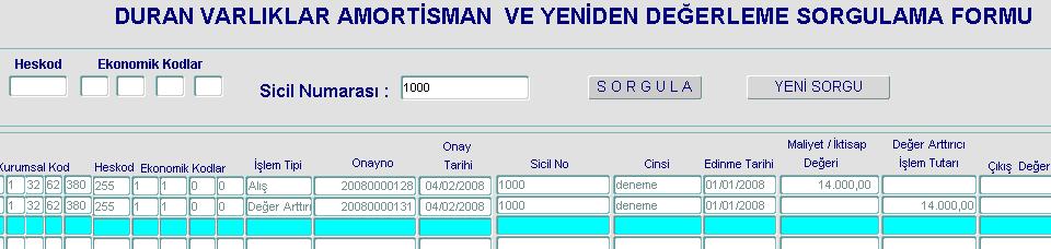 - Kayda ilişkin diğer bilgiler girilip kayıt onaylanarak tamamlanır. - Onaydan sonra amortisman kartından ilgili taşınır sorgulandığında aşağıdaki gibi bilgiler ekrana gelir.