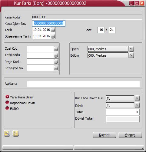Kur Farkı (Borç) ve Kur Farkı (Alacak) İşlemleri Kur farkı fişinin otomatik ya da bilgilerin doğrudan girilerek kesilmesi durumunda fiş bilgileri şunlardır: Kasa Kodu / Adı: Kur farkı hesaplatılan
