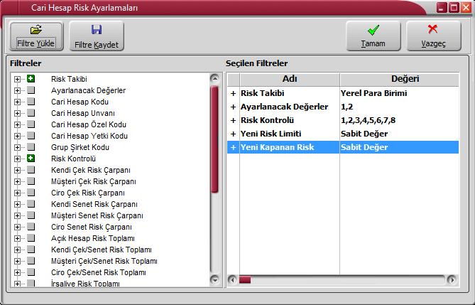 Cari Hesap Risk Ayarlamaları Cari Hesap Risk Ayarlamaları seçeneği ile, cari hesap tanımlarında verilen risk limitleri ve kapanan risk tutarları topluca ayarlanabilir.