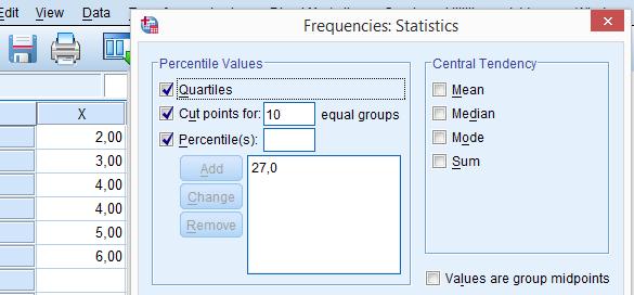 *Statistics butonu tıklanarak, gelen ekranda, aşağıdaki Qartiles, Cut points for 10 equal groups ve