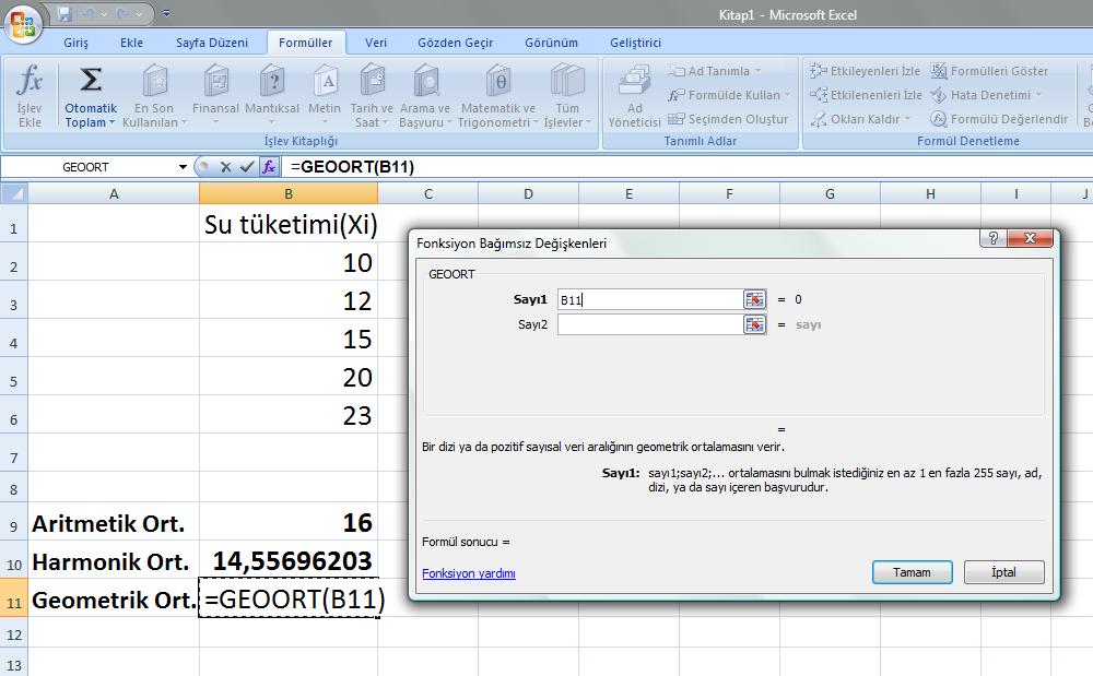 *Excel fonksiyonu kullanılarak Geometrik ortalamanın hesaplanması.