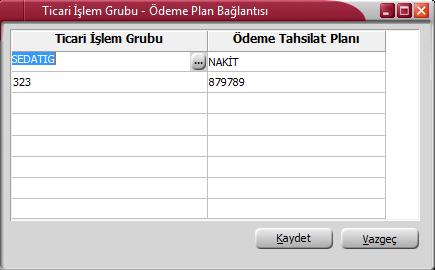 Ticari İşlem Grubu Ödeme Plan Bağlantısı Ticari işlem gruplarına ödeme tahsilat planı bağlamak için kullanılan penceredir. Ticari Sistem Yönetimi / Tanımlar menüsü altında yer alır.