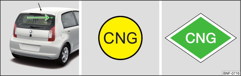 CNG Şek. 136 CNG etiketinin yeri / CNG etiketi Önce ve okuyun ve dikkate alın (Sayfa 108). G-TEC araçları CNG ve benzin ile çalıştırılabilir. Doğal gazlı araçlarda CNG etiketinin yeri» Şek. 136. Doğal gazdan benzin işletimine otomatik geçiş - Doğal gazdan benzin işletimine otomatik geçiş örn.