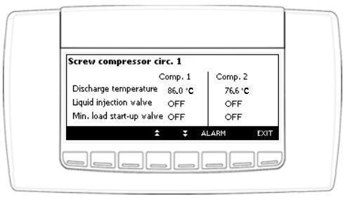 Basma sıcaklığını, likit enjeksiyon valfi ve asgari yük valfi durumunu görüntülemek için: veya tuşuna basarak Circuit 1 veya Circuit 2 yi