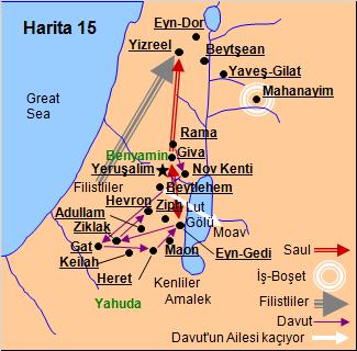 51 Tanrı Samuel e genç Davut u Beytlehem de kral olarak meshetmesini söyler. Sonra Tanrı nın Ruhu Saul u terk eder ve Saul sıkıntıya düşer.