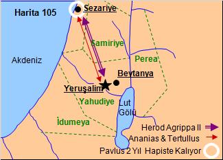 303 5 gün sonra, Hananya ve hatip Tertullus Pavlus u Vali Feliks e şikayet ederler. Ancak Pavlus sorun çıkarmaya çalışmadığını, konunun sadece din olduğunu anlatır.