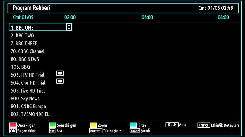 Sarı tuş (Önceki Gün): Önceki günün programlarını görüntüler. MAVİ tuş (Sonraki gün): Sonraki günün programlamalarını gösterir. TXT tuşu (Filtre): Filtreleme seçeneklerini gösterir.