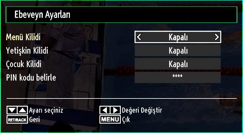 Bu işlev, menü koruma sistemini etkinleştirir veya iptal eder ve PIN kodunun değiştirilmesini sağlar. MENU tuşuna basınız ve veya tuşunu kullanarak Ayarlar simgesini seçiniz.