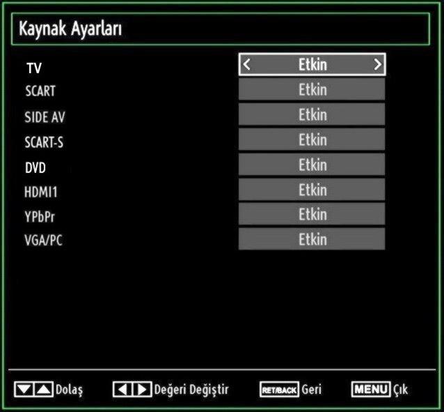 Değişiklikler otomatik olarak kaydedilir. Çıkmak için MENU tuşuna basınız. Kaynak Ayarlarını Yapılandırma Seçilen kaynak seçeneklerini etkinleştirebilir ya da devre dışı bırakabilirsiniz.