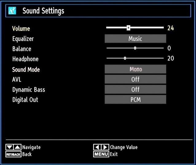 Operating Sound Settings Menu Items Press or button to highlight a menu item. Use or button to set an item. Press M button to exit. Sound Settings Menu Items Volume: Adjusts volume level.