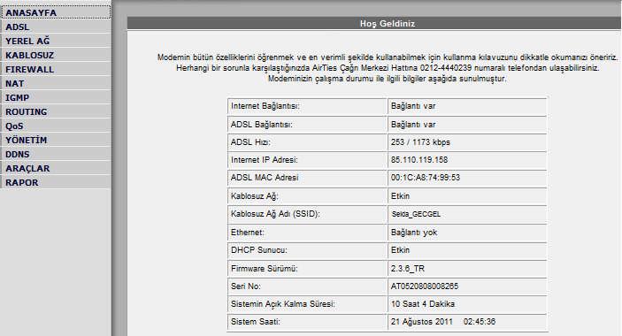 2) Resim 1.12 de modem ayarlarının durumu ile ilgili bilgiler yer alır. Genel olarak ağın IP numarası, bağlantı hızı, kablosuz ağın adı, cihazın MAC adresi, seri numarası gibi bilgileri içerir.