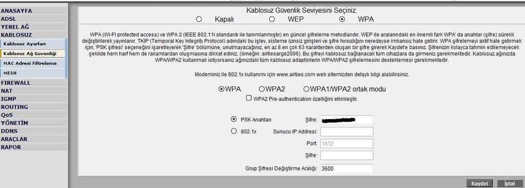 Resim 1.17: Kablosuz modemin güvenlik ayarlarının yapıldığı ekran WEP şifreleme (Wired Equivalent Privacy - Kabloluya eşdeğer gizlilik): Veri trafiğinin bir şifre ile değiştirilerek aktarılmasıdır.