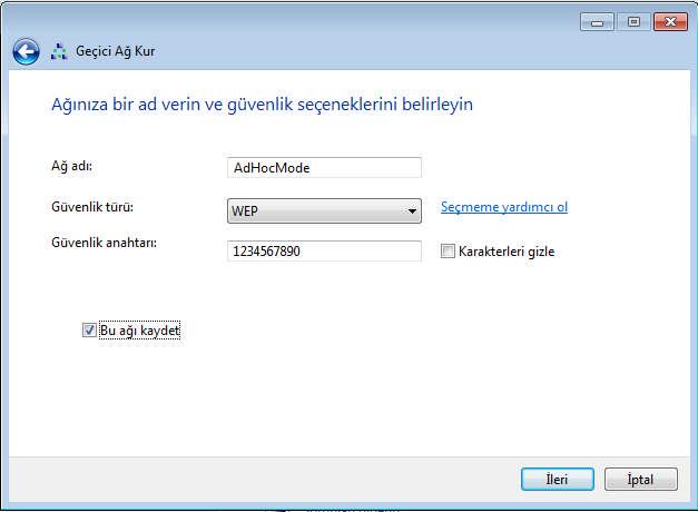 Resim 2.6: Ağ adı ve şifre belirleme ekranı Ağ adı (SSID): Bu ağ için belirlenen addır. Oluşturulacak ağın tanınmasına yardımcı olacak bir ad girilir.