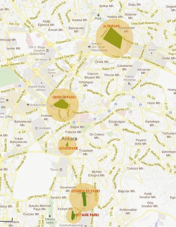 Araştırma alanı olarak Ankara kent merkezinde yer alan, özellikle akustik kirlilikten zarar gören ve yayaların uzun süreli ve yoğun kullanımında olan kent parkları (Altınpark, Botanik Parkı, Gençlik