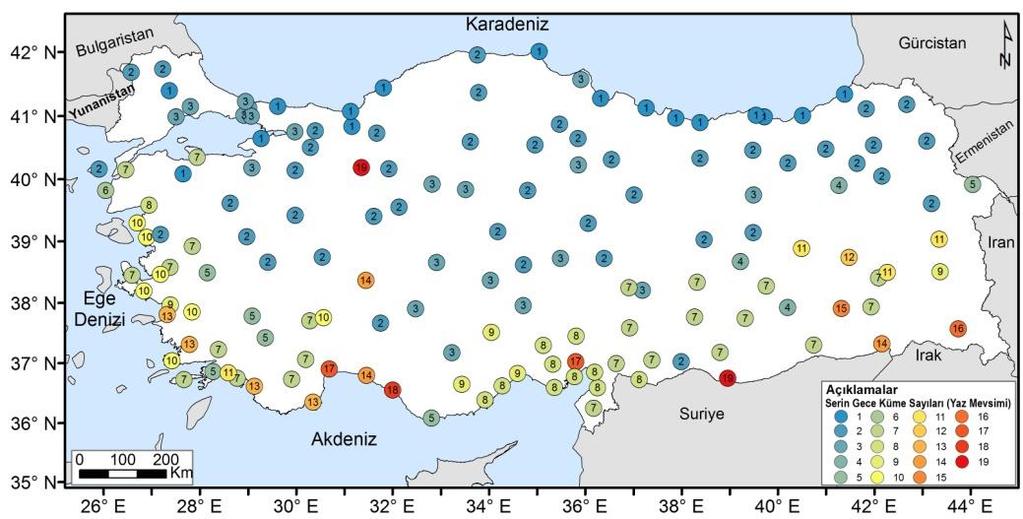 Şekil 4.Kümeleme analizine göre, ekstrem serin gecelerin dağılışı. Serin geceler, için uygulanan kümeleme analizi sonuçlarına göre Türkiye yaz mevsimi minimum sıcaklıklarında 19 ayrı grup oluşmuştur.