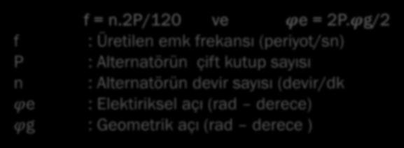 çift kutup sayısı n : Alternatörün devir sayısı (devir/dk φe