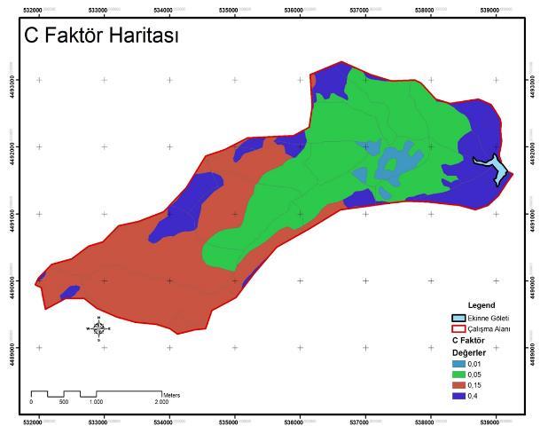 C faktörü, havzada arazi kullanım türü ve bitki örtüsünün türü, kapalılığı ve yoğunluğu olarak 1:25000 ölçekli Orman Amenajman Planları (Anonim, 2010) ile değerlendirilerek Wischmeier ve Smith