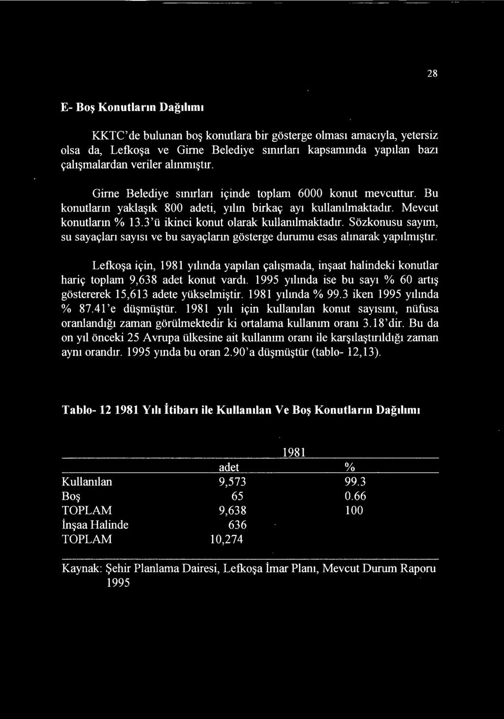 Sozkonusu saynn, su sayaclan sayist ve bu sayaclann gosterge durumu esas almarak yapilnusnr. Lefkosa icin, 1981 yihnda yapilan cahsmada, insaat halindeki konutlar haric toplam 9,638 adet konut vardi.