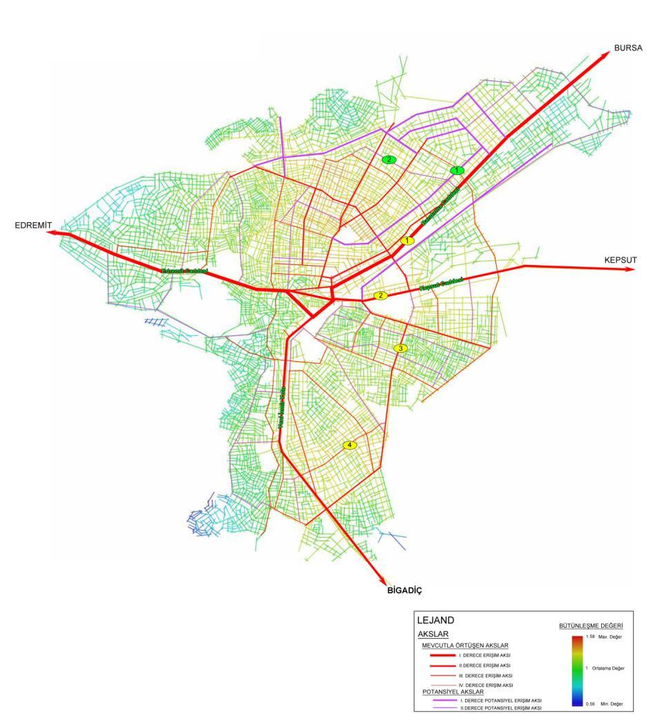 Harita 23: Bütünleşme (İntegration) Değerine Göre Aks Analizi Kaynak: Çalışma Kapsamında DepthmapX Programında Üretilmiştir.