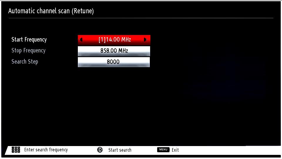 After this operation, you can set Search Step as 8000 KHz or 1000 KHz. If you select 1000 KHz, the TV will perform search process in a detailed way. Searching duration will thus increase accordingly.