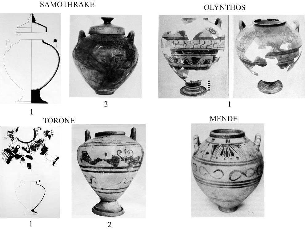 Khalkidiki/Kuzey Ege: (Fig.150) Samothrace: Samothrace XI, Lemnian Stamnoi : 701-707, 1) kat.no. S2-1A-B, 2) kat.no. S3-1, 3) S4-1A-B. Olynthos: 1) Olynthus V, 40-41, kat. no. P69, lev. 37-38.