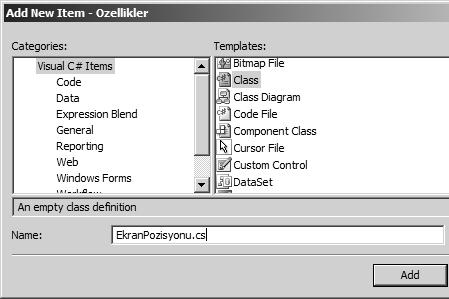 Projeye yeni bir sınıf ekleyiniz. Project menüsünden Add Class seçeneğini tıklayınız. Dilerseniz alternatif olarak Shift + Alt + C tuşlarına birlikte basabilirsiniz. Add New Item penceresi açılır.