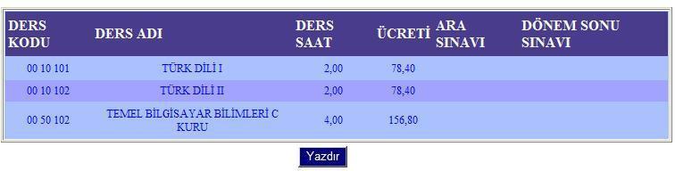 4.) Bankadan ücret yatırıldı bilgisi AKYAZ otomasyonuna geldikden sonra kayıtınız tamamlamak için biriminize teslim etmeniz gereken belgeyi aktifleşen YAZDIR butonundan alabilirsiniz.