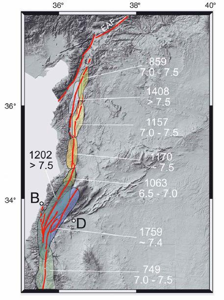 yaparak elde ettikleri tarihsel deprem verileri ile karşılaştırmış, depremleri fay ile ilişkilendirip haritalamışlardır. Şekil 1.3 : Tarihsel depremler ile ilişkilendirilen fay segmentleri.