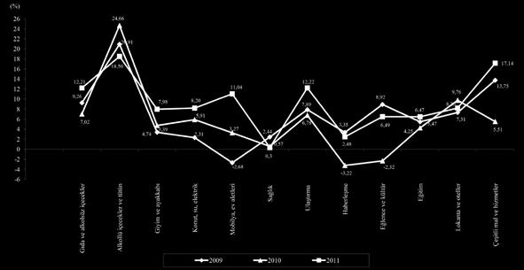 Böylece, 2010 yılında yıllık bazda son 41 yılın en düşük değeri olan %6,40 düzeyinde gerçekleşen TÜFE değişim oranı, 2011 yılında 2008 yılından bu yana ilk kez çift haneli rakamlara yükselmiştir.