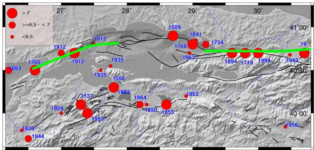 (Armijo v.d., 2002, 2005). Bu fay Orta Sırt Fayı ile Bakırköy güneyinde keskin bir büklüm oluşturmaktadır. Çınarcık Havzası güneyindeki faylar daha çok normal atım bileşeni yüksek faylardır.