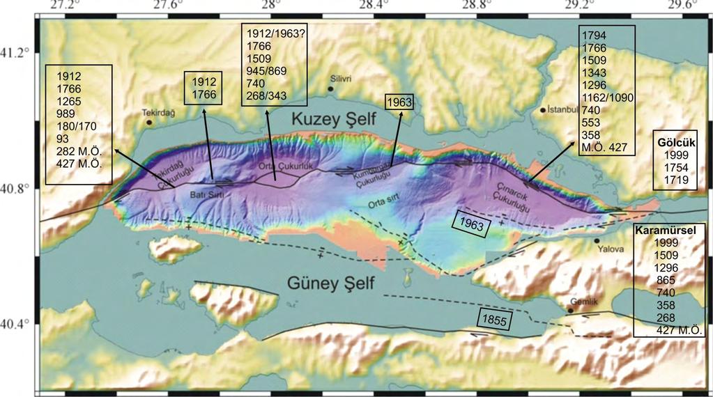 Şekil 10.1. Marmara Denizi tarihsel dönemde elde edilen deprem kayıtları. Batimetri Le Pichon v.d., 2001; faylar siyah çizgi ile Armijo v.