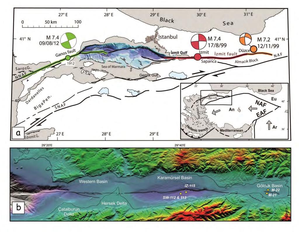 Şekil 3.1. a) Kuzey Anadolu Fayı nın (KAF, NAF) Marmara Bölgesi ndeki kollarını gösteren harita.