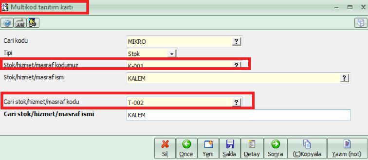 Multi kod tanıtımı (011970) Stok, Hizmet, Masraf kartlarınız için karşı cari ile kodlarınızı eşleştirebilmek için