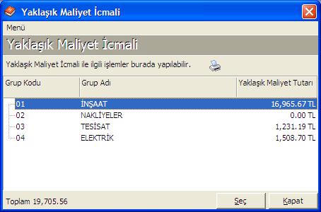 - Raporlar penceresini kapatmak ve Yaklaşık Maliyet Hesabı penceresine geri dönmek için düğmesine basın. Tüm grupların toplamını görmek için Yaklaşık Maliyet Hesabı penceresinde penceresi açılacaktır.