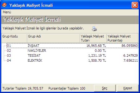 - Yaklaşık maliyet raporlarını görmek ve yazdırmak için araç çubuğunda bulunan düğmesine basın, Raporlar penceresi açılır.