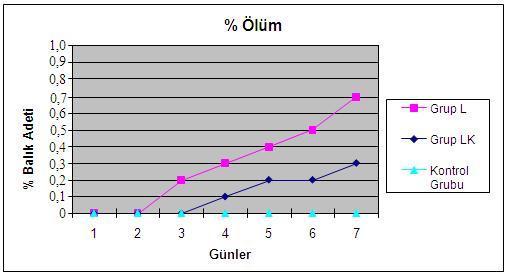 4. BULGULAR 4.1 L.garvieae nin LC 50 Değerinin Belirlenmesi Kärber metoduna göre LC 50 değeri 1x10 10 kob/ml olarak belirlenmiştir (Arda 1971). 4.2 Deneme Gruplarında Ölüm Oranı ve Lactococcus garvieae İzolasyonuna İlişkin Bulgular Grup L balıklarında yürütülen deneme boyunca 10 adet balıktan 7 adedi ölmüş(şekil 4.