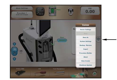 2.1 Custom (Özel) Düğmesi Ayar ve Ameliyat ekranının sağ tarafında ekranın yarısında bulunan Custom (Özel) düğmesi, kullanıcının sistem ayarlarını, doktor ayarlarını ve bazı cerrahi ayarları