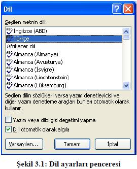 3. BELGE DENETİMİ Bu bölümde belge denetimi için gerekli olan yazım, dil bilgisi ve dil ayarları, heceleme, otomatik düzeltme ve araştırma gibi özelliklerin nasıl ayarlanacağını öğreneceğiz. 3.1.