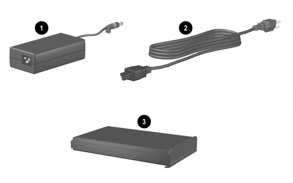 Dizüstü bilgisayarı ilk kez kurmak için, dizüstü bilgisayara, AC Adaptörü ne 1, güç kablosuna 2 ve pil paketine 3 gereksiniminiz olacaktır.