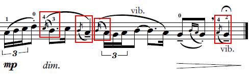 İlgar, K. (2017). Mesud Cemil in Rast Makamındaki Viyolonsel Taksiminin Analizi. idil, 6 (30), s.757-807. Şekil 3.14. Çarpma kullanımı (muhayyer perdesinde) Şekil 3.14. te gösterilen nota örneğinde, 4.