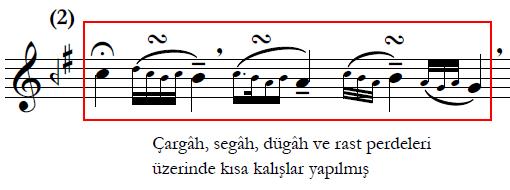 Devamında, dügâh ve rast perdelerinin otuzikilik değerdeki üçlü çarpma içerisinde de kullanılmasıyla rast perdesinde Rast la kalış yapılmış ve 1. cümle tamamlanmıştır. Şekil 3.43.