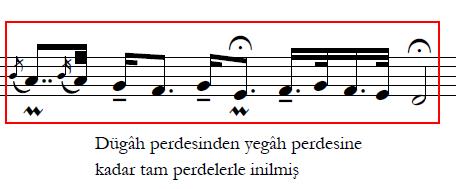 Devamında sırasıyla segâh ta Segâh lı, dügâh ta Uşşak lı kısa kalışların da gösterilmesiyle birlikte Rast lı kalışın yapıldığı rast perdesine kadar inilmiş ve motif tamamlanmıştır. 2.