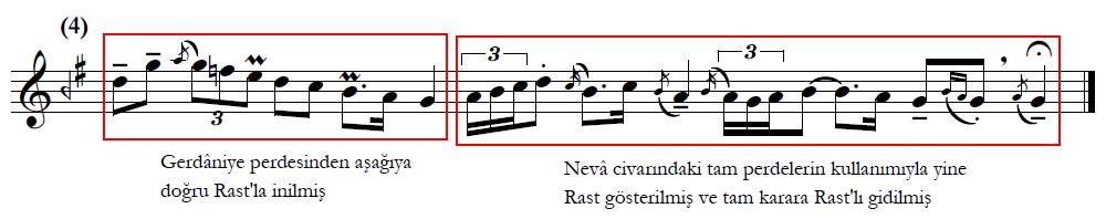 cümlesinin başında, yegâh perdesini bir kez daha tutarak ikinci, ancak daha kısa bir kalış yapmıştır. Bu cümle başında da yegâh perdesini bir kez daha tutarak bir önceki kalışı pekiştirmiştir.