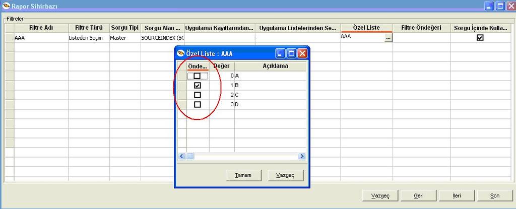 sonr Özel liste içerisinde öndeğer olarak istenilen alan seçildikten