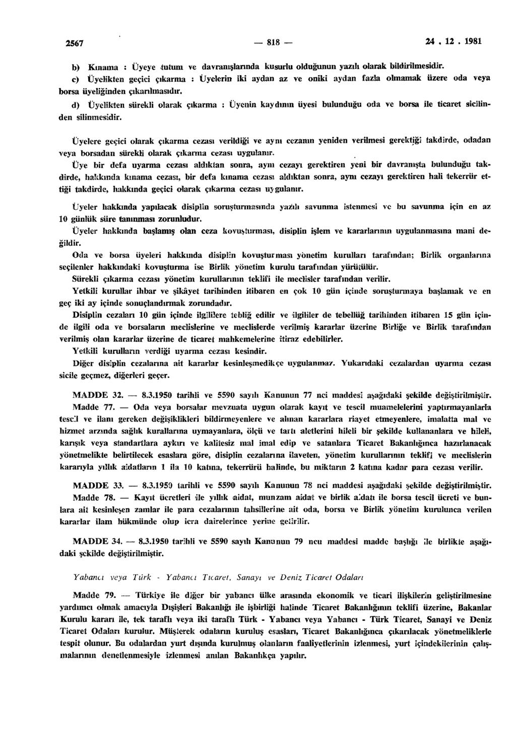 2567 818 24. 12. 1981 b) Kınama : Üyeye tutum ve davranışlarında kusurlu olduğunun yazılı olarak bildirilmesidir.