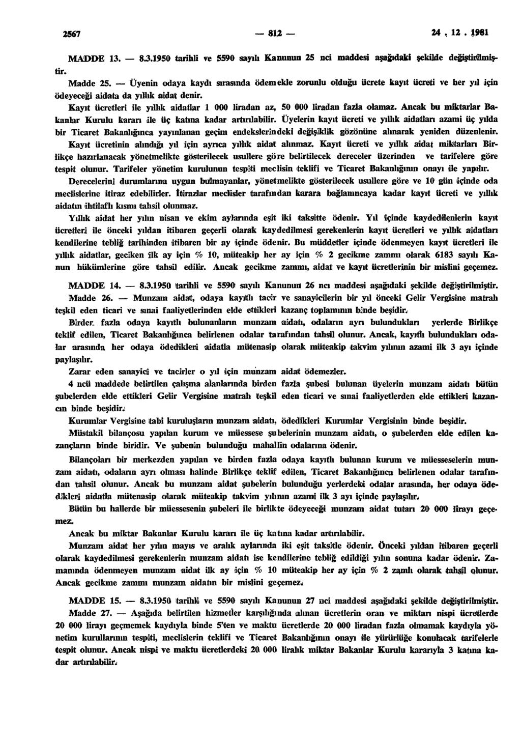 2567 m 24, 12. 1981 MADDE 13. 83.1950 tarihli ve 5590 sayılı Kanunun 25 nci maddesi aşağıdaki şekilde değiştirilmiştir. Madde 25.