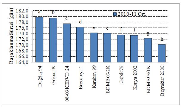 176 çeşitler olmuştur. Bayraktar 2000 (170,2 gün) ise h grubu ile son sırada yer almıştır (Şekil. 4.17). ġekil 4.17. Genotiplerin ortalama başaklanma süreleri Tüm kuraklık uygulamaları üzerinden değerlendirildiğinde, Dağdaş 94, Göksu 99, 08-09 KEBVD 24 ve Bezostaja 1 geçci genotipler olarak ön plana çıkmıştır.