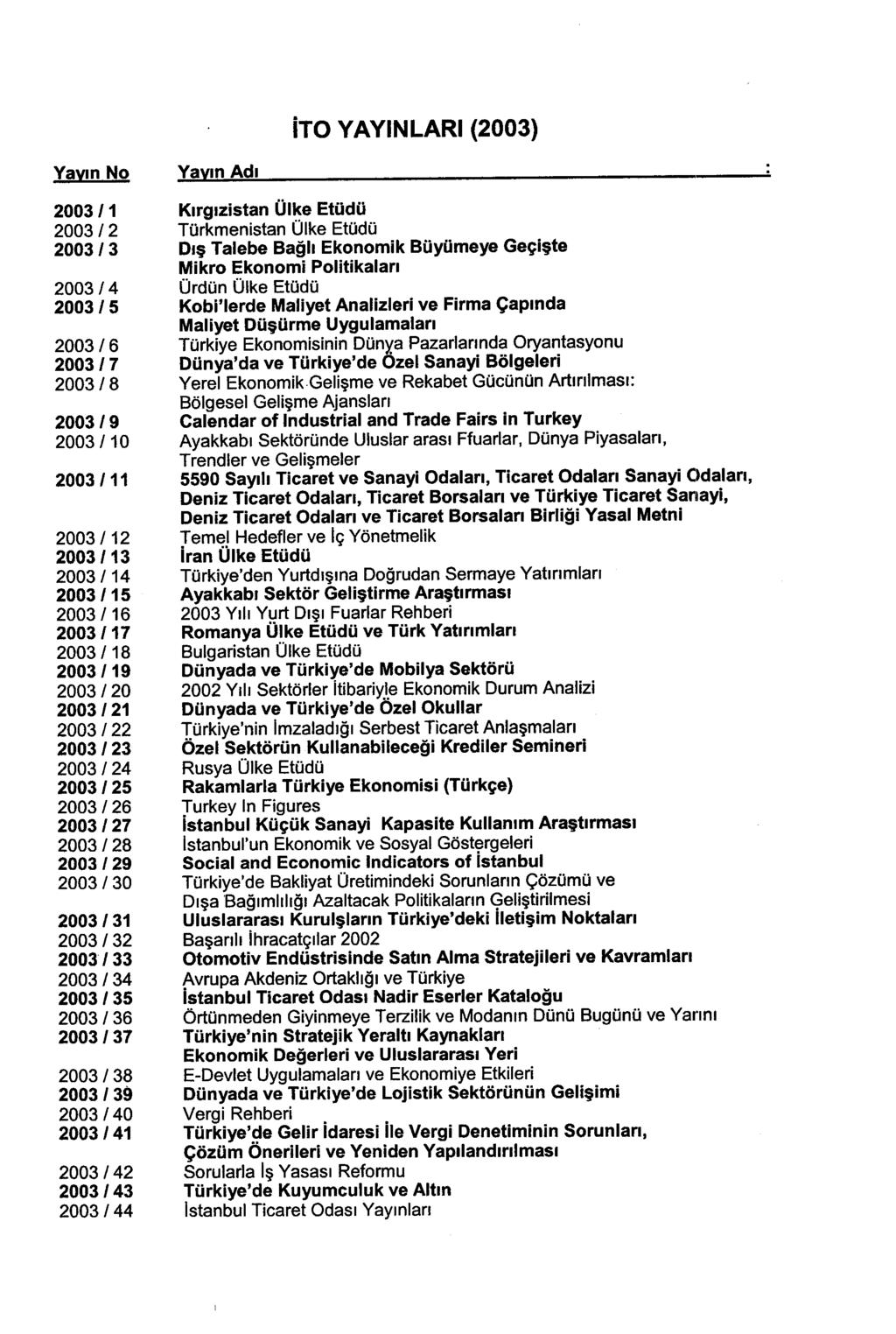 TO YAYINLARI (2003) Yavın No Yayın Adı 2003 /1 Kırgızistan Ülke Etüdü 2003 / 2 Türkmenistan Ülke Etüdü 2003 / 3 Dış Talebe Bağlı Ekonomik Büyümeye Geçişte Mikro Ekonomi Politikaları 2003/4 Ürdün Ülke