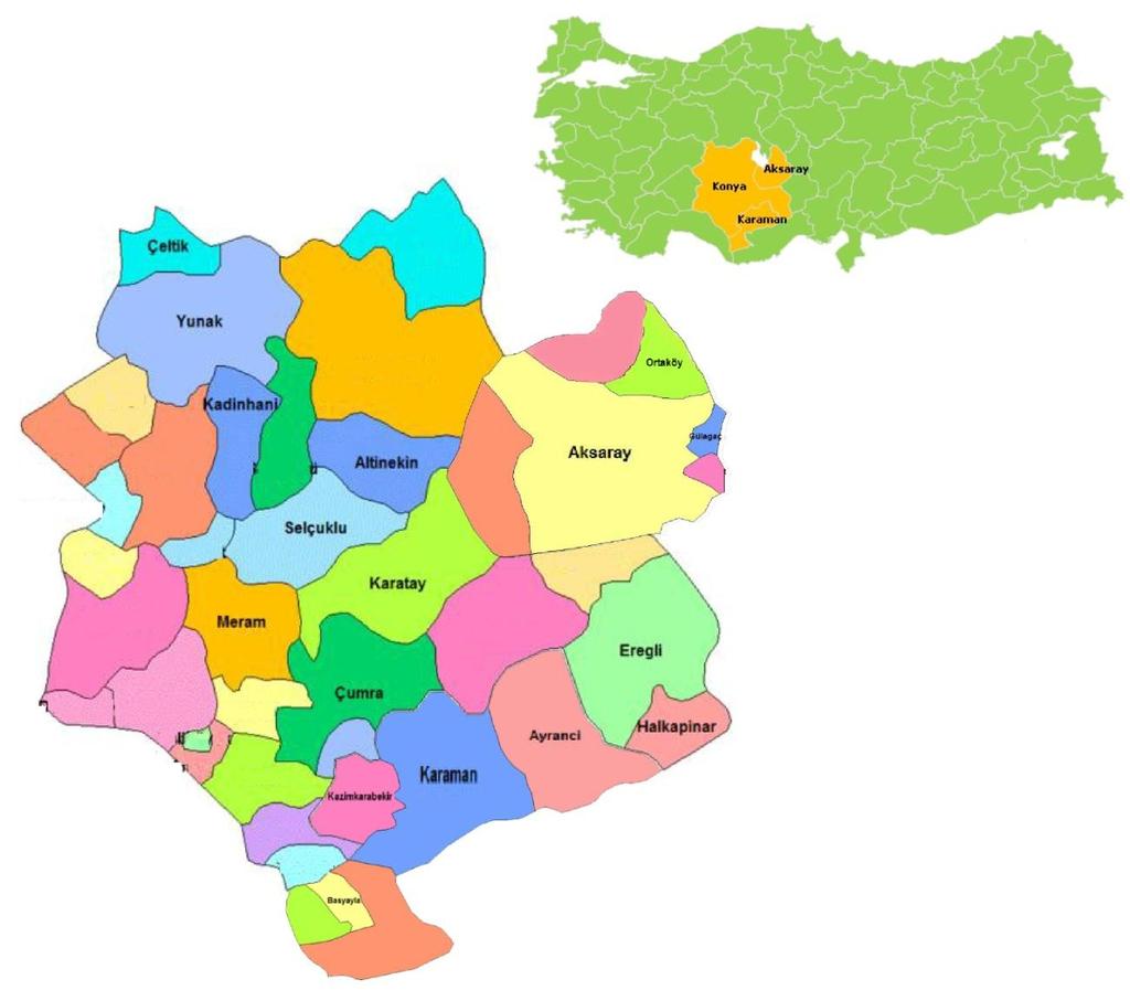 30 çalışmalarda kullanılıncaya kadar -20 o C de çalışan derin dondurucuda muhafaza edilmiştir. ġekil 3.1. Araştırmanın gerçekleştirildiği iller ve ilçeler.